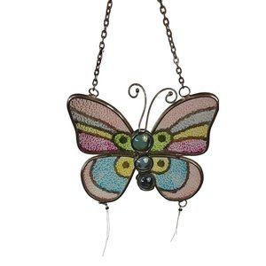 Vintage Stained Glass Metal Butterfly Suncatcher Multicolor Chain Window Hanger
